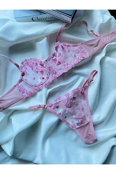 Fleur de Lingerie Set bralet brodat inimă roz pentru femei (sutien și tanga)