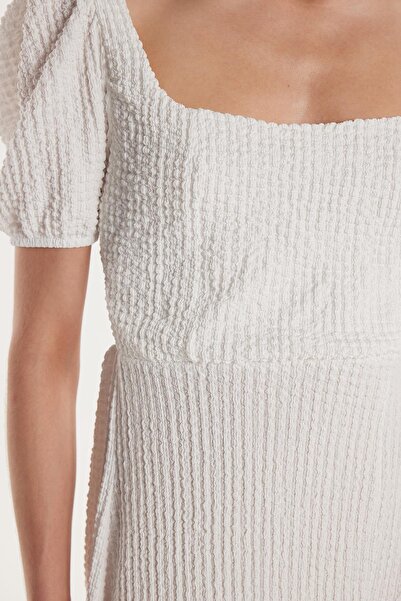 Tudors Women's Standard Fit Short Sleeve Elastic Square Neck Slit Ecru Dress