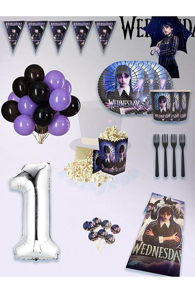 PartyPoo مجموعة حفلات عيد ميلاد فاخرة تحت عنوان Wednesday Addams تتسع لـ 16 شخصًا - حزمة خاصة مع بالونات أرقام