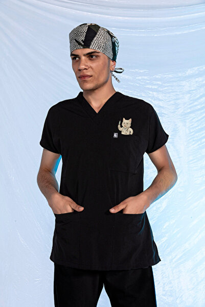 Pratik Medikal Siyah Özel Veteriner Forması Tüy Tutmaz Sıvı İtici Baskılı Scrubs Takım Unisex