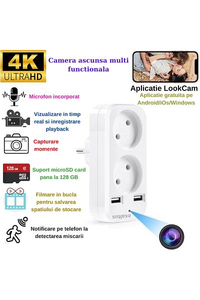 exaltus Mini Spy Camera in Socket Double Adapter, Exaltus®, Wi-Fi, 4K, Full HD, Integrated Microphone