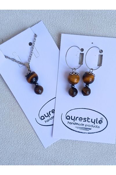 ayrestyle مجموعة أقراط قلادة من عين النمر وحجر الهيماتيت - لون فضي، مجوهرات أنيقة من الأحجار الطبيعية