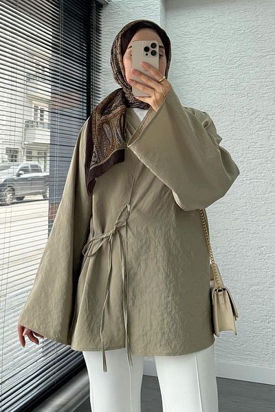 MELEK ARAZ Collar Pleated Tie Kimono Tunic – Mildew Green