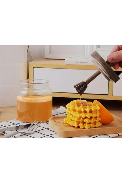 SyaMAG Glass Jar for Honey, Syamag, with Wooden Lid and Attached Spoon, 450 ml