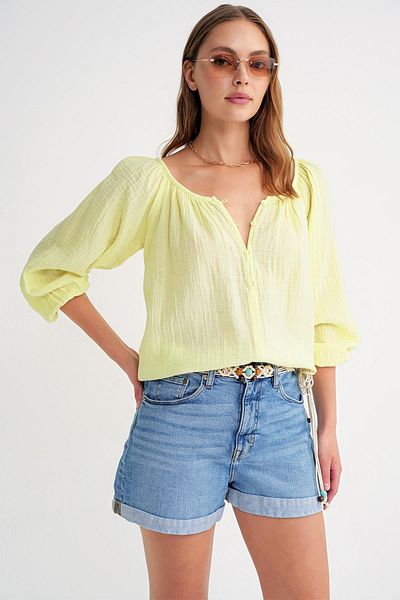 Mixray 4707 Women's Gathered Collar Elastic Sleeves Loose Muslin Blouse Pastel Yellow