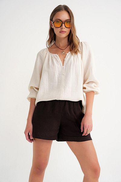 Mixray 4707 Women's Gathered Collar Sleeve Elastic Loose Muslin Blouse Natural