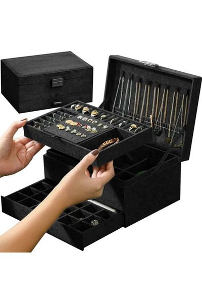 varioshop VarioShop® velvet jewelry box, 3 tiers with key, for rings, necklaces, bracelets