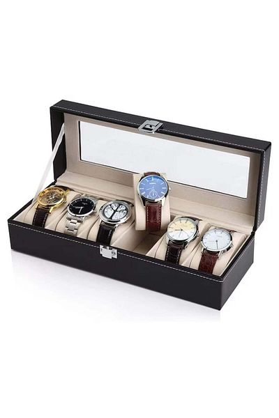 varioshop Storage box for 6 watches VarioShop®, cassette type, eco-leather, soft cushions, window t