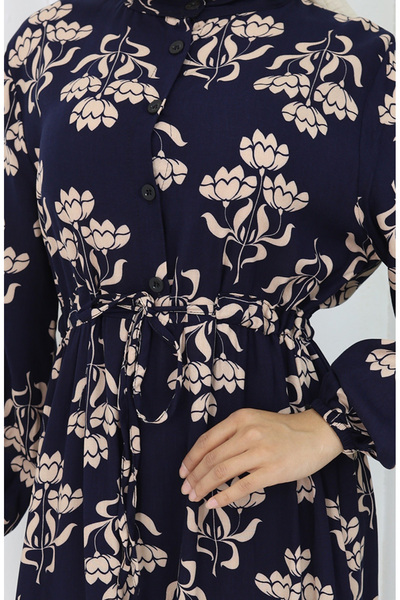 sefamerve Yarım Düğmeli Desenli Elbise 2052-02 Lacivert