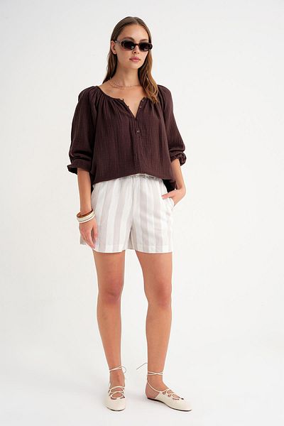 Mixray 4707 Women's Gathered Collar Sleeve Elastic Loose Muslin Blouse Brown