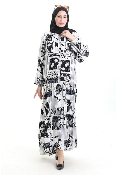sefamerve Half Button Patterned Dress 2067-03 White Black