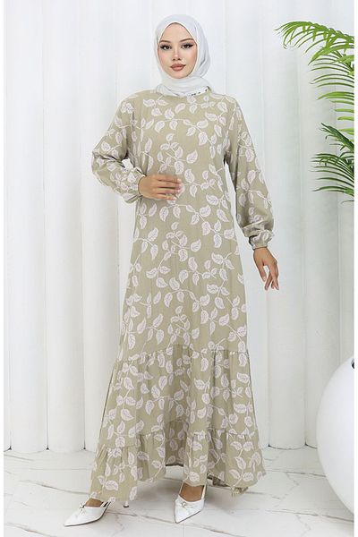 sefamerve Patterned Dress with Elastic Sleeves 2055-02 Green