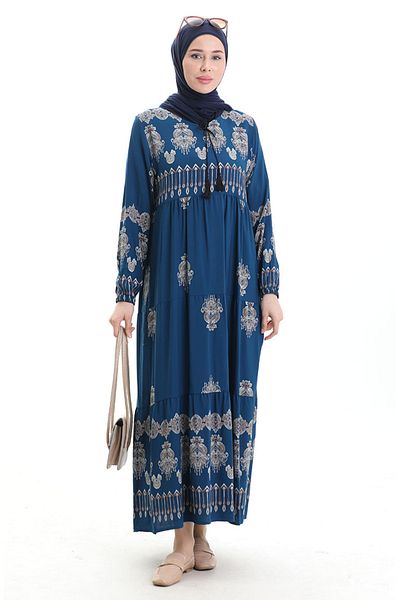 sefamerve Viscose Fabric Patterned Dress 4078-04 Petrol