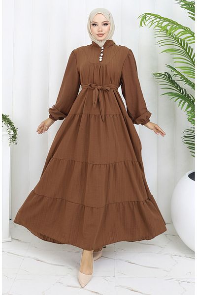 sefamerve Button Detailed Gathered Dress 2065-03 Brown