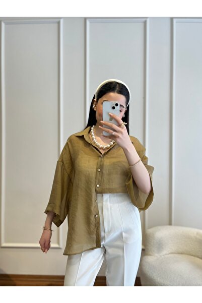 Zims Butik İpeksi Doku Premium Kalite Transparan Gömlek Olive Yeşili