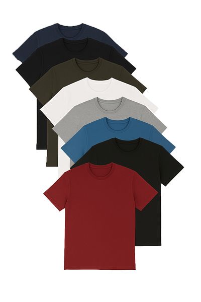 FATELLA Men's 8-Piece T-Shirt Pack Black White Navy Blue Khaki Gray Blue Yellow Claret Red Crew Neck Short Sleeve