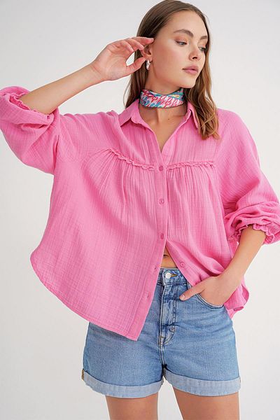 Mixray 4677 Women's Lace Detailed Muslin Shirt Pink