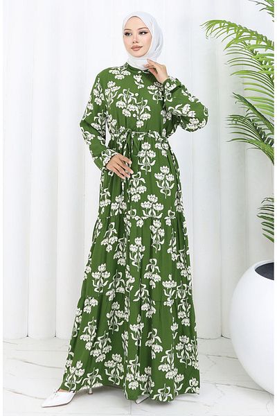 sefamerve Half Button Patterned Dress 2052-03 Khaki