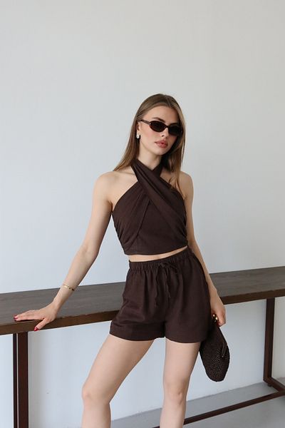 Laluvia Brown Martina Halterneck Bustier Shorts Suit - 30361