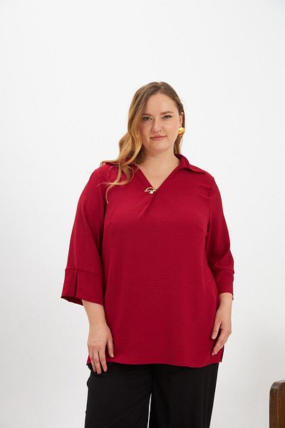 RMG Collar Detailed Plus Size Blouse Burgundy