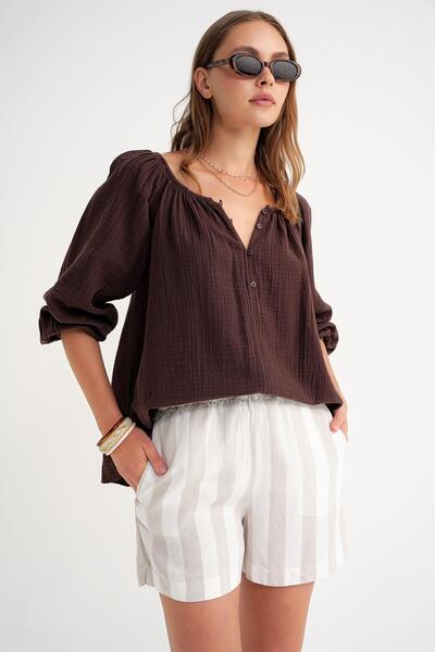 Mixray 4707 Γυναικεία μπλούζα μουσελίνας με κορδόνι με λαβή και ελαστική μπλούζα καφέ