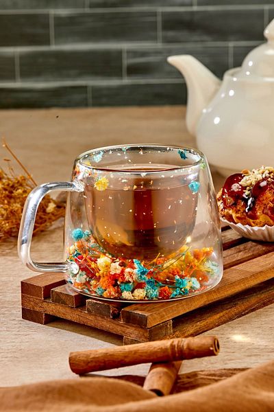 NY HOME Flower Motif Double Glazed Heat Resistant Glass Cup - with Handle - Single