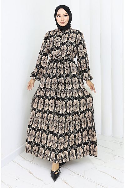 sefamerve Viscose fabric buttoned patterned dress 2053-01 black mink