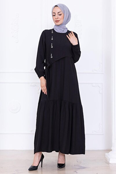 hafsamina Μαύρο χιτζάμπ φόρεμα με λεπτομέρεια από πέτρα στο μπροστινό μέρος HM2760