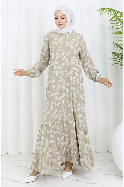 sefamerve Patterned Dress with Elastic Sleeves 2055-02 Green
