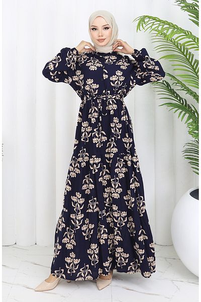 sefamerve Φόρεμα με μοτίβο με μισό κουμπί 2052-02 Navy Blue