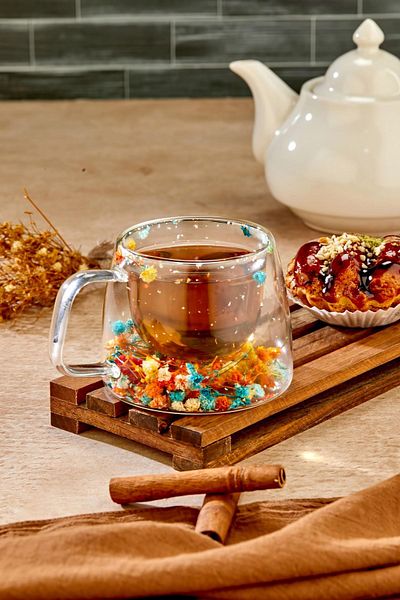 NY HOME Flower Motif Double Glazed Heat Resistant Glass Cup - with Handle - Single