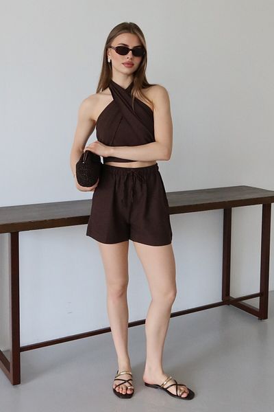 Laluvia Brown Martina Halterneck Bustier Shorts Suit - 30361