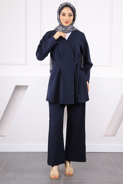 İmajButik Dark Navy Blue Side Tie Tunic Trousers Suit