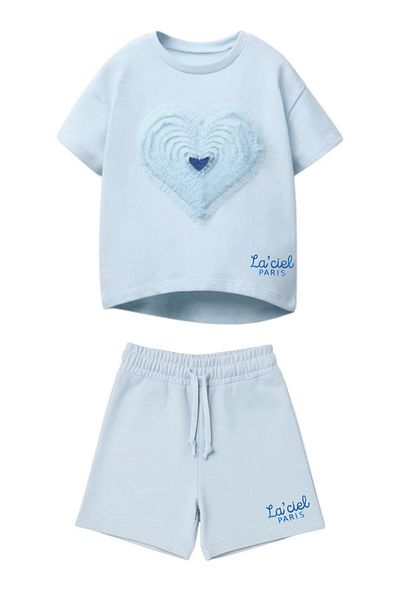 Monila Girls' Tulle Detailed Heart Tshirt and Shorts Bottom Top Set