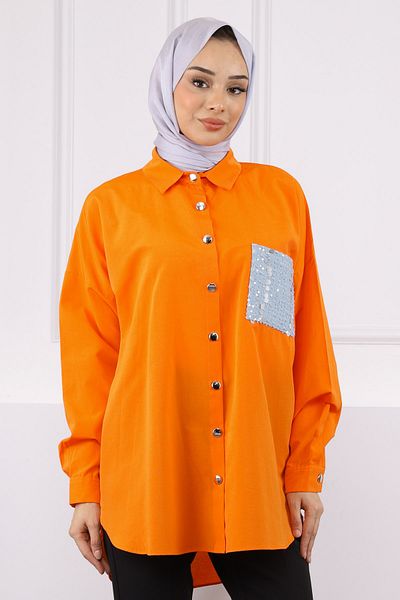 İmajButik Πορτοκαλί τσέπη με κέντημα πουκάμισο oversize
