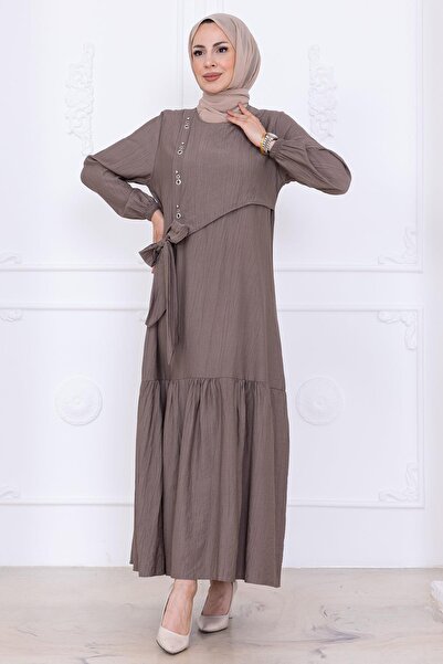 hafsamina Μπροστινό πέτρινο λεπτομερές πλαϊνό δεμένο φόρεμα Hijab Mink HM2760