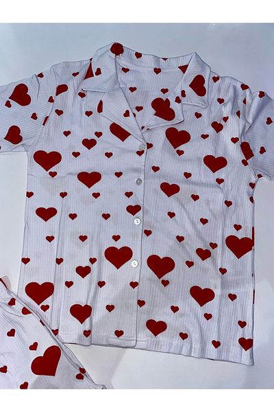 shiny date Front Button Shirt Collar Short Sleeve Heart Pajama Set