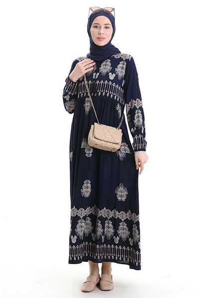 sefamerve Viscose Fabric Patterned Dress 4078-03 Navy Blue