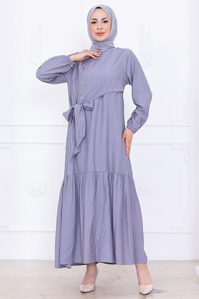 hafsamina Front Stone Detailed Side Tie Hijab Dress Gray Hm2760