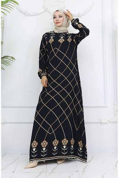 sefamerve Viscose Fabric Sleeve Elastic Dress 0030-03 Black Mink