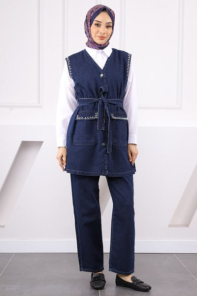 İmajButik Navy Blue Pearl Detailed Denim Vest Trousers Suit