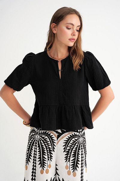 Mixray 4713 Women's Gathered Waist Sleeve Elastic Loose Muslin Blouse Black