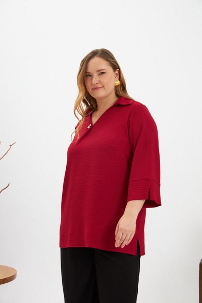 RMG Collar Detailed Plus Size Blouse Burgundy