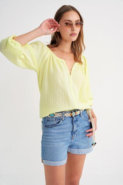 Mixray 4707 Γυναικεία μπλούζα μουσελίνας με κορδόνι με λαστιχένιο μανίκι παστέλ κίτρινο