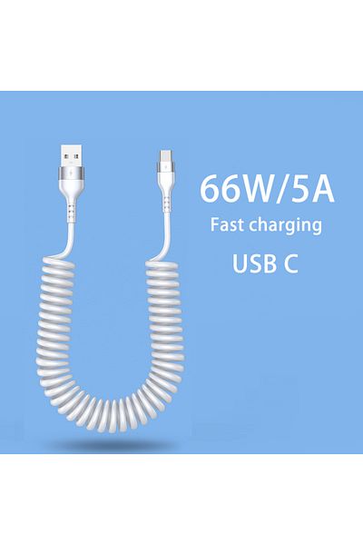 Choice 1.5m White USB C Car USB Type C 66W & LIGHTNING PD Fast Charging Type C to Type C Spring Telescopic