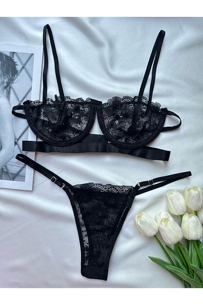 SİLVER MİRROR Set de sutien de lenjerie neagră pentru femei cu sârmă din dantelă
