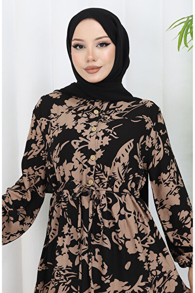 sefamerve Φόρεμα με μοτίβο από ύφασμα βισκόζης 2054-04 Μαύρο βιζόν