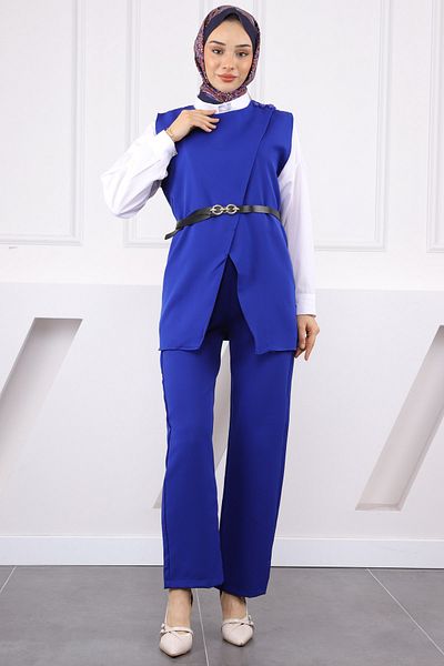 İmajButik Saks Blue Shoulder Buttoned Vest Παντελόνι Σετ