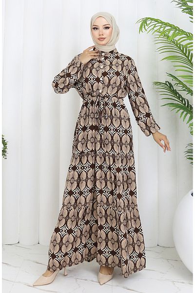 sefamerve Viscose Fabric Button Patterned Dress 2053-03 Brown Mink