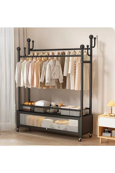 Un Clothes rack with lower storage unit covered with a transparent door that opens at a 90° angle, equipped with wheels for easy transportation
